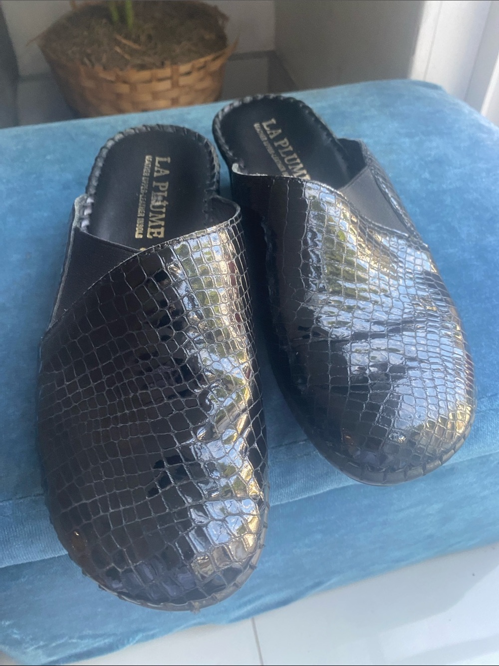 La Plume Black Croc-Embossed Slip-On Mule